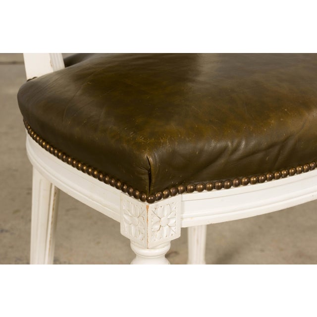 Antique French Louis XVI Style Painted Chairs With Olive Green Leather - A Pair For Sale - Image 17 of 18