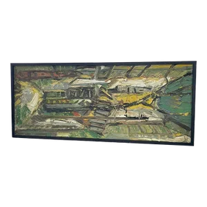 Vintage Framed Abstract Expressionist Painting on Canvas
