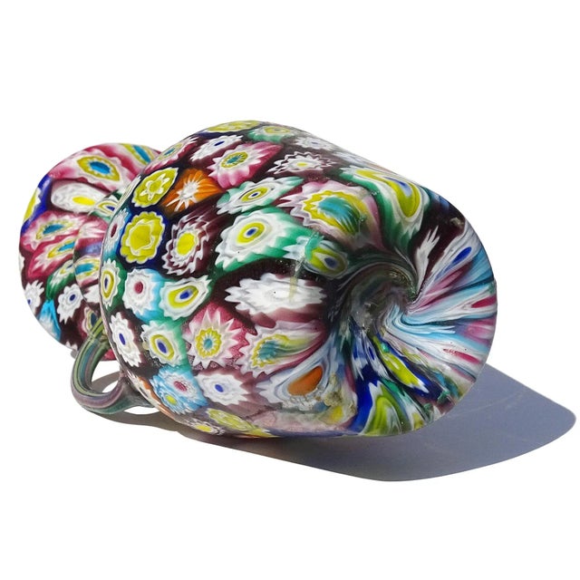 Vintage Murano Fratelli Toso Millefiori Flower Mosaic Rainbow Colors Italian Art Glass Double Handle Vase For Sale - Image 9 of 10