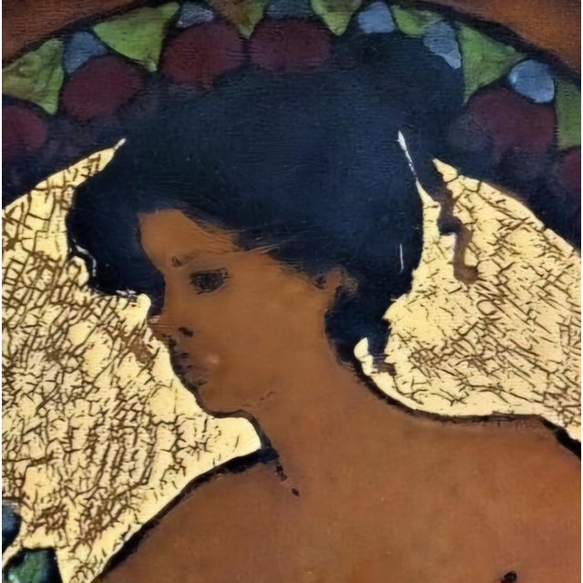 A striking Art Nouveau (Jugendstil) enamel on metal panel, featuring a sensuous female figure rendered in a flowing,...