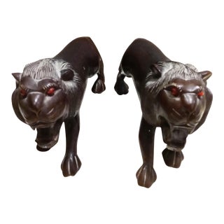 Carved Solid Wood Lion Figurine Statues - a Pair For Sale