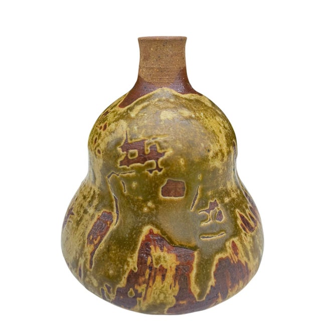Mid-Century Modern Vintage 5” Organic Studio Pottery Bottle Vase in Olive Drip Glaze For Sale - Image 3 of 11