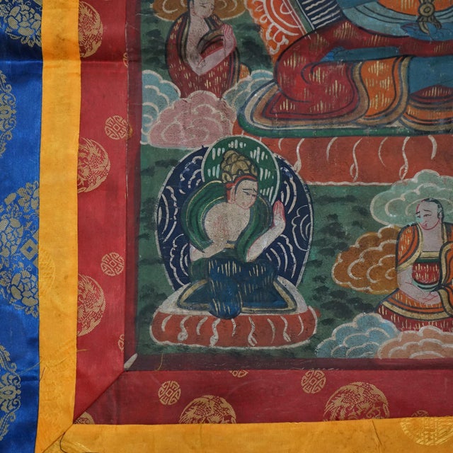 Antique Tibetan Hand Painted Silk and Canvas Thangka with Figures C1920 For Sale - Image 6 of 9