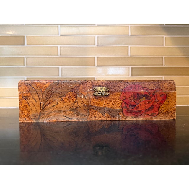 Antique 1920s Pyrography Box With Floral Motif With Brass Hinges and Clasp For Sale - Image 4 of 8