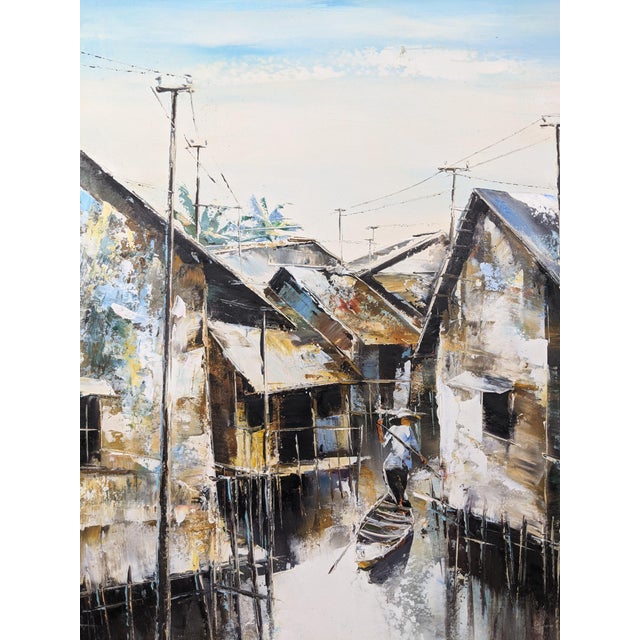 Mid 20th Century Attributed to Trần Quang Hiếu, Signed Vietnamese Stilt Village Oil Painting For Sale - Image 4 of 18