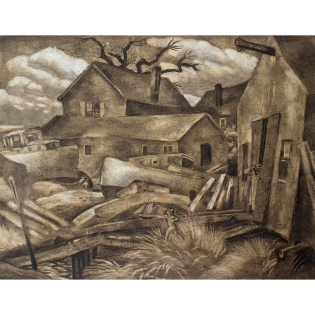 A 1946 charcoal drawing by American artist Eugene Savage (1883-1978). This piece depicts a muted scene with houses, boats...