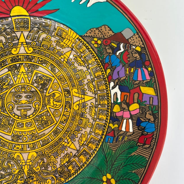 Vintage Hand Painted Terracotta Mexican Wedding Plate With Aztec Calandar For Sale In Miami - Image 6 of 11