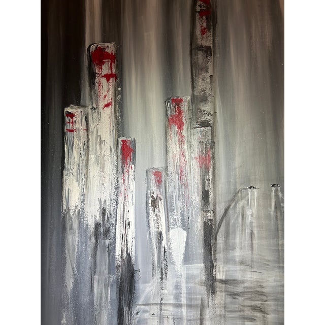 “Contemporary Cityscape” is an original acrylic-on-canvas painting by artist RacquelJ, created in 2026. An atmospheric...