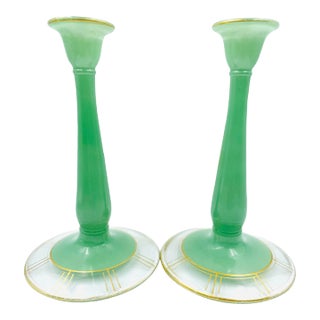 Early 20th Century Art Deco Jadeite-Style Candle Holders With Chronograph Gold Leaf Motif - a Pair For Sale