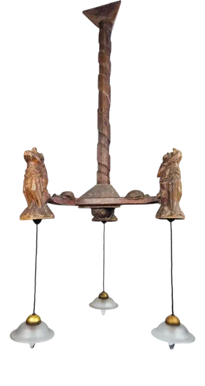 Antique French Wooden Folk Art Animal Chandelier with Etched Glass Shades