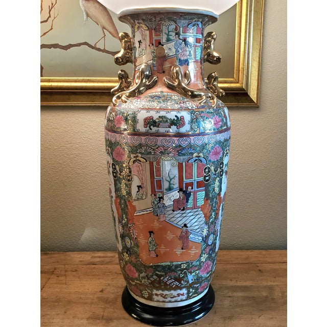 Pair of Large Table Lamps Rose Medallion 19th Century Porcelain Palace Vases Custom Made Globe Lamps For Sale - Image 9 of 12