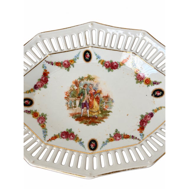 1940s 1940s German Porcelain Pierced Handled Tray With Courting Couple and Floral Garlands For Sale - Image 5 of 6