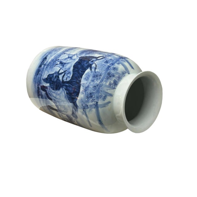 Blue Chinese Blue White Handpaint San Yang Kai Tai Scenery Porcelain Vase For Sale - Image 8 of 14