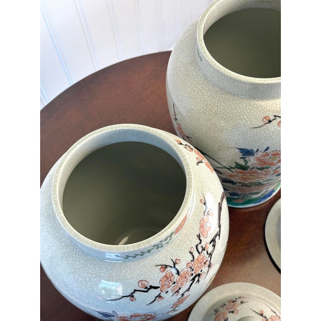 Vintage 16" Chinese Chinoiserie Porcelain Cherry Blossom & Bird Urn - A Pair For Sale - Image 10 of 11