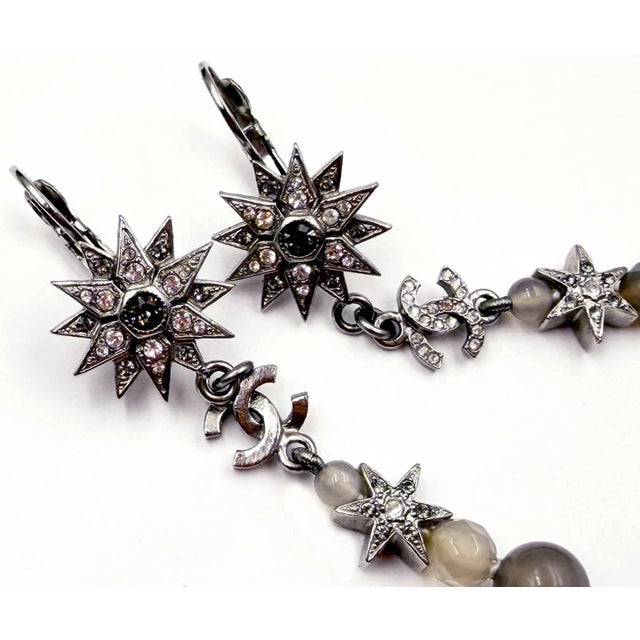 Chanel Silver Star CC Crystal Lavender Bead Long Lever Back Earrings, A Pair For Sale In Los Angeles - Image 6 of 7
