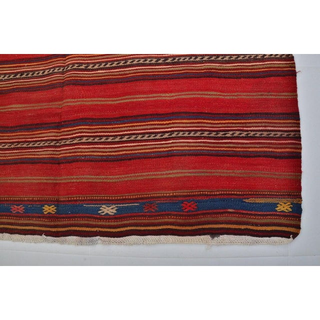 Vintage Crimson Red Turkish Striped Kilim Rug With Geometric Border Details For Sale - Image 10 of 10