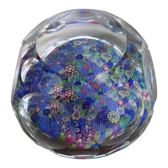 Blue English Whitefriars Glass Millefiori Faceted Glass Paperweight C1920 For Sale - Image 8 of 12