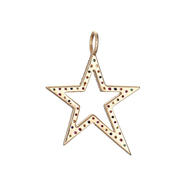 Contemporary Multi Gemstone Star Pendant Estate 14k Gold Emerald Ruby Sapphire Fine Jewelry For Sale - Image 3 of 4