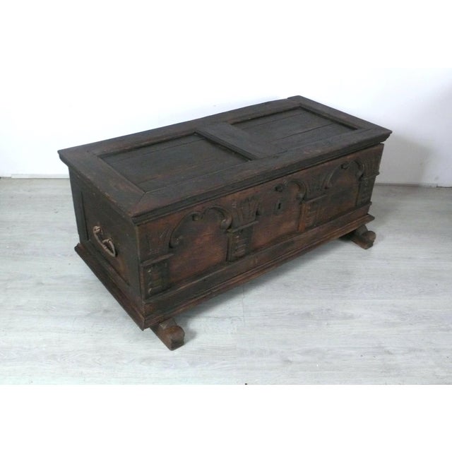 Wood Antique German Dark Oak Trunk For Sale - Image 7 of 14