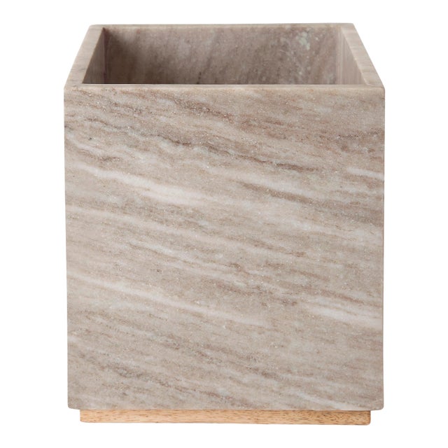 San Marino Waste Basket, Beige Marble & Wood For Sale