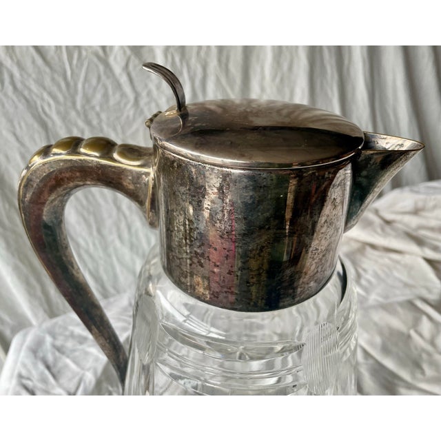 Transparent Mid 20th Century Silver Plate Handle Holding Top Cut Glass Bulbous Serving Water Pitcher Ewer Jug For Sale - Image 8 of 12