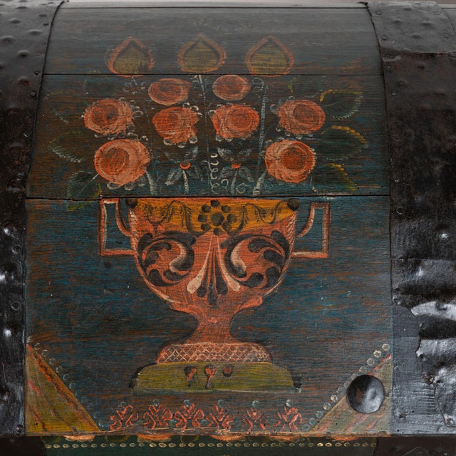 Wood Original Hand Painted Teal Oak Dome Top Swedish Trunk Dated 1846 For Sale - Image 7 of 15