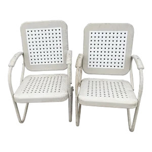 Antique Art Deco Basketweave Bouncer Garden Chairs - a Pair