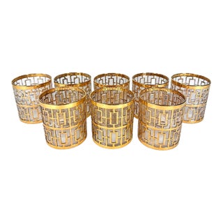 Vintage Imperial Glass Co. “Shoji” Gold Gilt Trellis Pattern Rocks Glasses - Set of 8 For Sale