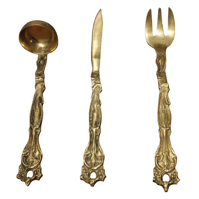 Large Decorative Brass Cutlery Set, Italy, 1950s, Set of 3 For Sale