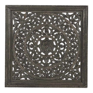 Black Carved Wood Wall Panel | 24 Inch Indian Jali Wall Decor | Large Mandala Hanging Panel | Modern Farmhouse Square Art | Unique Home Gift For Sale