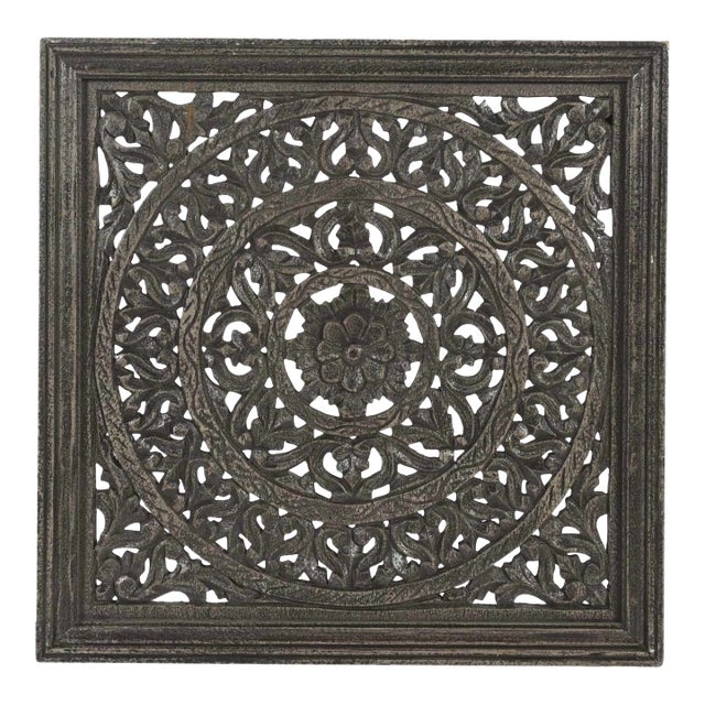 Black Carved Wood Wall Panel | 24 Inch Indian Jali Wall Decor | Large Mandala Hanging Panel | Modern Farmhouse Square Art | Unique Home Gift For Sale