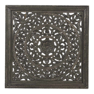 Black Carved Wood Wall Panel | 24 Inch Indian Jali Wall Decor | Large Mandala Hanging Panel | Modern Farmhouse Square Art | Unique Home Gift