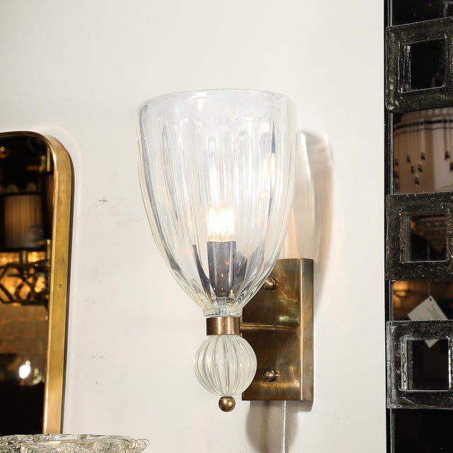 Modern Modernist Brass Handblown Iridescent Vintage Murano Glass Orbital Drop Sconces For Sale - Image 3 of 15