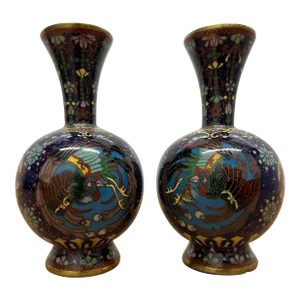 Late 19th Century Antique Miniature Japanese Cloisonne Peacock Form Cloisonné Vases - a Pair