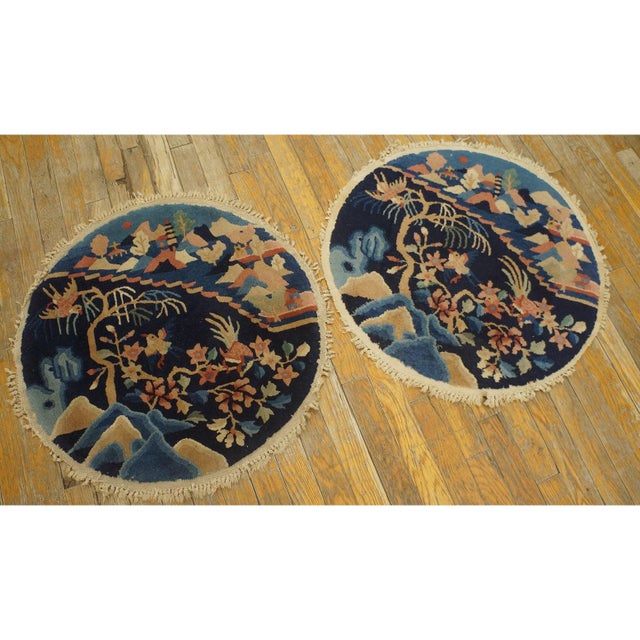 Textile 1920s Blue Birds Art Deco Pair of Chinese Peking Carpets 2'x2' Knotted Wool Rugs For Sale - Image 7 of 9