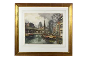 Antique Hand Colored Rotterdam Harbor Engraving by Hendrikas Elias Roodenburg