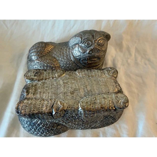 Large Antique Cambodian Silver-Plated Foo/Fu Dog Box For Sale - Image 4 of 9