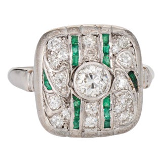 1920s Vintage Art Deco Diamond Emerald Ring Size 8.25 14k Gold Square Cocktail Jewelry For Sale