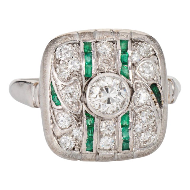 1920s Vintage Art Deco Diamond Emerald Ring Size 8.25 14k Gold Square Cocktail Jewelry For Sale
