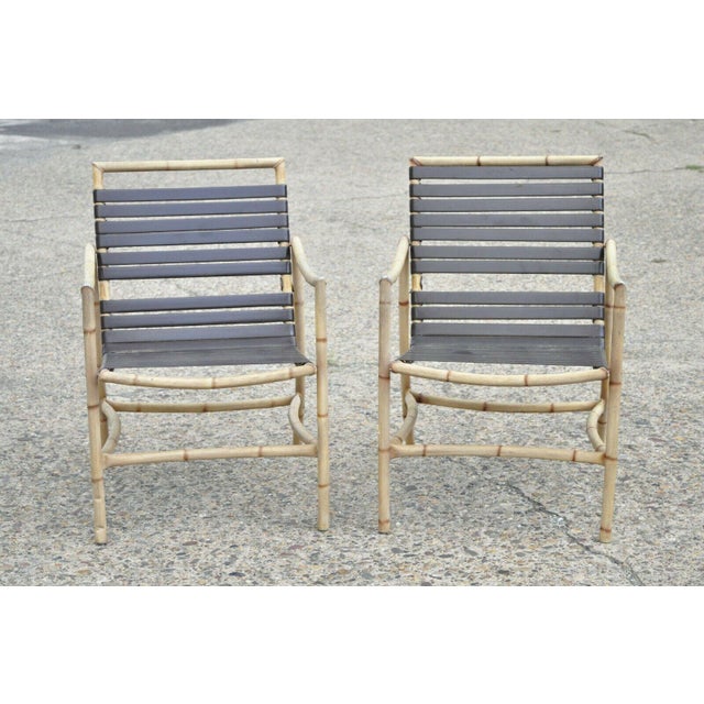 Faux Bamboo Chinese Chippendale Aluminum Vinyl Strap Patio Arm Chairs