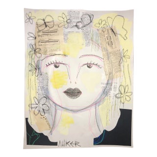 Woman With Butterflies, Contemporary Mixed Media on Paper by Cassandra Auker For Sale