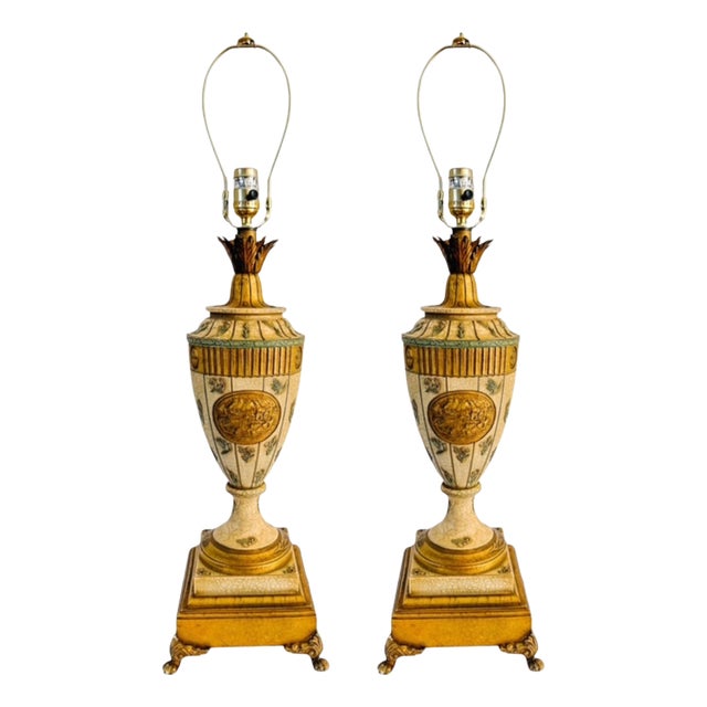 Vintage Neoclassical Crackle Glazed Urn Table Lamps With Medallions - A Pair For Sale