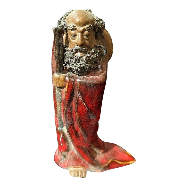Vintage Shiwan Ceramic Sculpture of Bodhidharma (Da Mo) in Red Robe For Sale