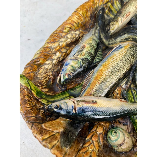 19th Century Rare Majolica Palissy Fish Basket Platter Leon Brard For Sale - Image 4 of 11