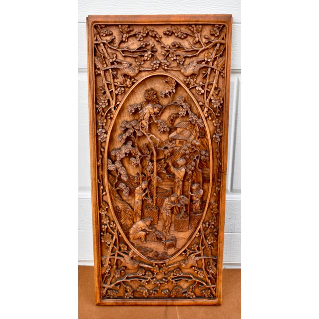 Vintage Wood Wall Plaque Chinese Hand Carved Panel High Relief Figural Asian 3d For Sale - Image 10 of 16