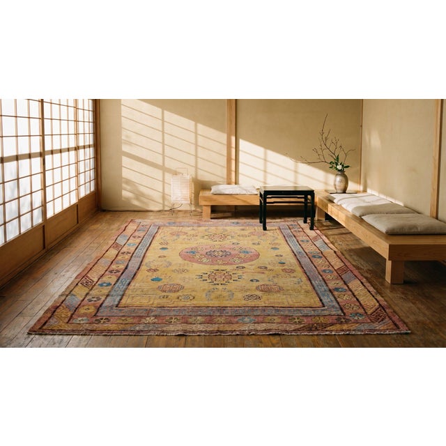 Amazing Brilliant Yellow Background Rosette and Diagonal Medallion Desing Century Chinese Khotan Rug For Sale In New York - Image 6 of 8