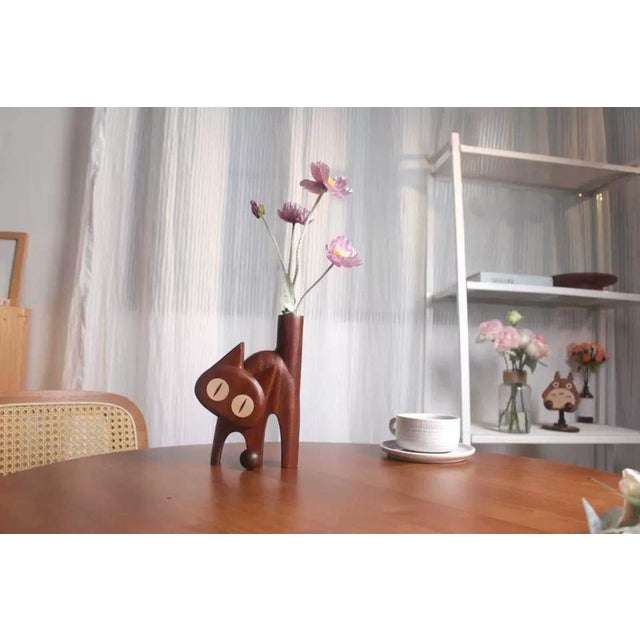 Whimsical Handmade Wood Cat Figurine Bud Vase For Sale - Image 4 of 5