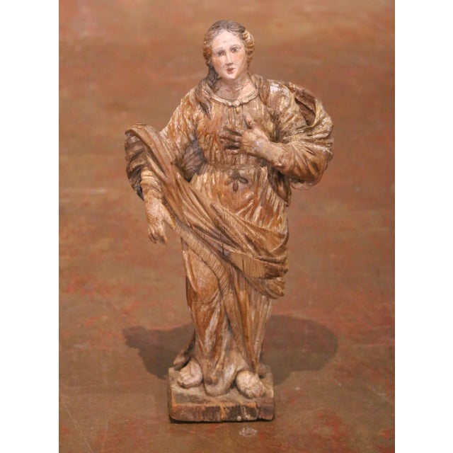 French 17th Century French Louis XIV Carved Polychrome Devotional Female Saint Figure For Sale - Image 3 of 9