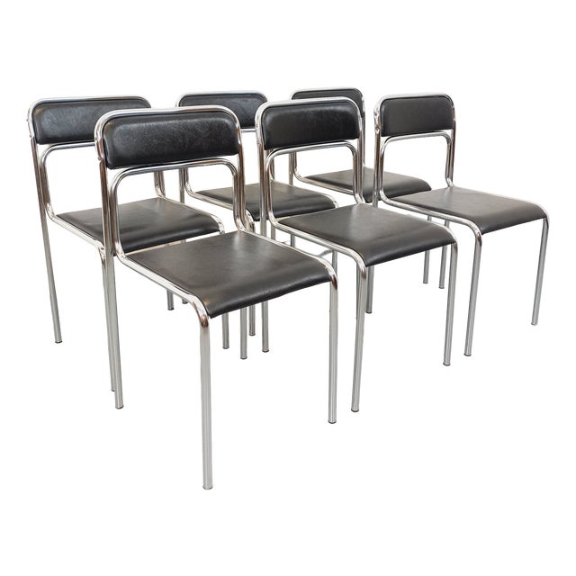 Vintage Italian Stackable Chairs in Chromed Metal and Black Imitation Leather, 1970s, Set of 6 For Sale
