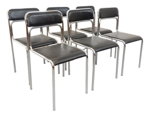 Vintage Italian Stackable Chairs in Chromed Metal and Black Imitation Leather, 1970s, Set of 6